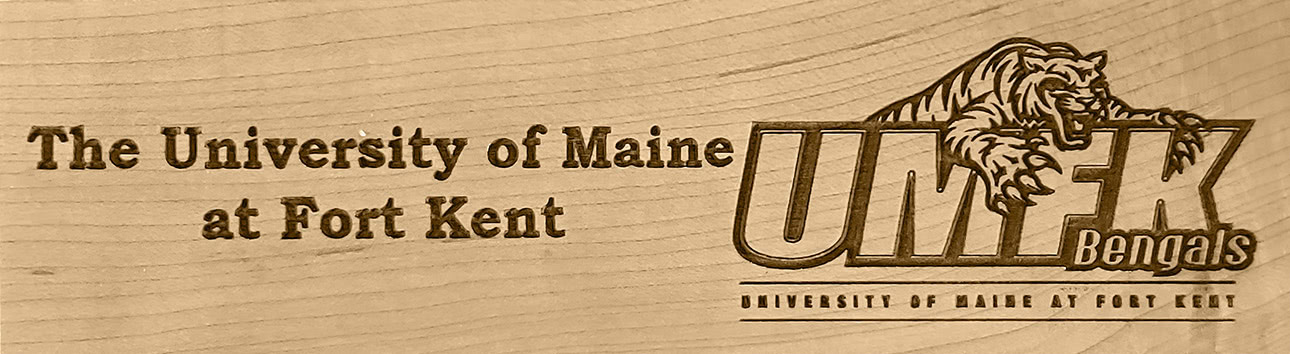 University of Maine at Fort Kent lettering with athletics logo, embossed, no ink