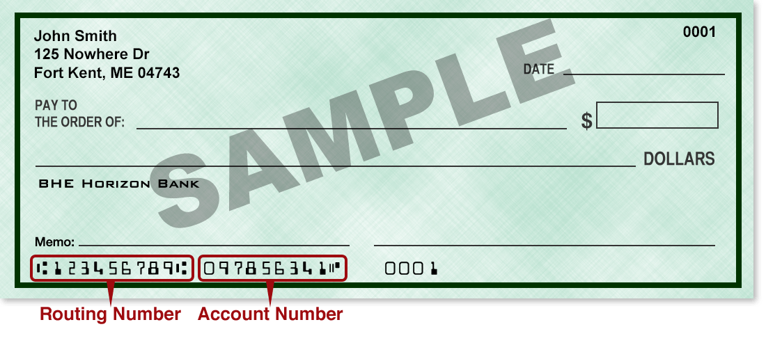 sample image of a check illustrating the location of the account and routing numbers