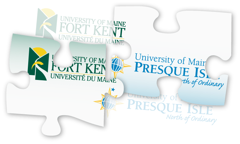 puzzle pieces with parts of the UMFK and UMPI logos signifying the partnership between the two campuses