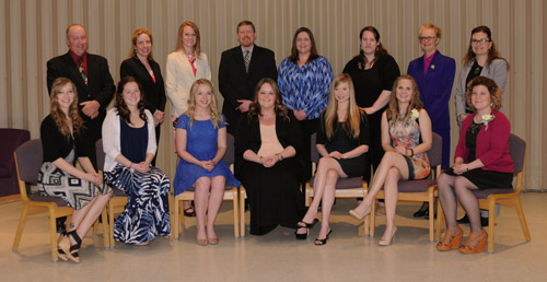 Nursing Honor Society Photo ID: (front row, l to r) Cassandra Pelletier-Dobbins; Emily M.Gardner; Kathryn G. Sharp; Stephanie L. Dube; Holly Thomerson; Amanda C. Nadeau (back row, l to r) Larry Nadeau; Dr. Erin Soucy; Kirk Shively; Michelle Madore; Kate S. Dorsey; Dr. Jenny Radsma; Dr. Tanya Sleeper