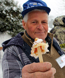 Roger Lavertu will be handing out maple taffy that he forms in clean fresh snow outside of Nowland Hall.