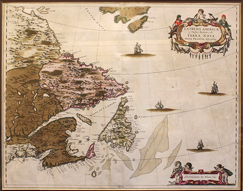 Fine hand colored example of this important early map of Eastern Canada, etc. from 1662 Latin edition of Blaeu's Atlas Maior