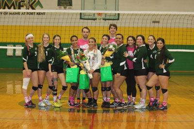 <p> The 2015 UMFK Women's Volleyball team celebrated senior night Wednesday, October 14, 2015 in Fort Kent, Maine. (FHF / Jessica Potila)</p><p> </p>