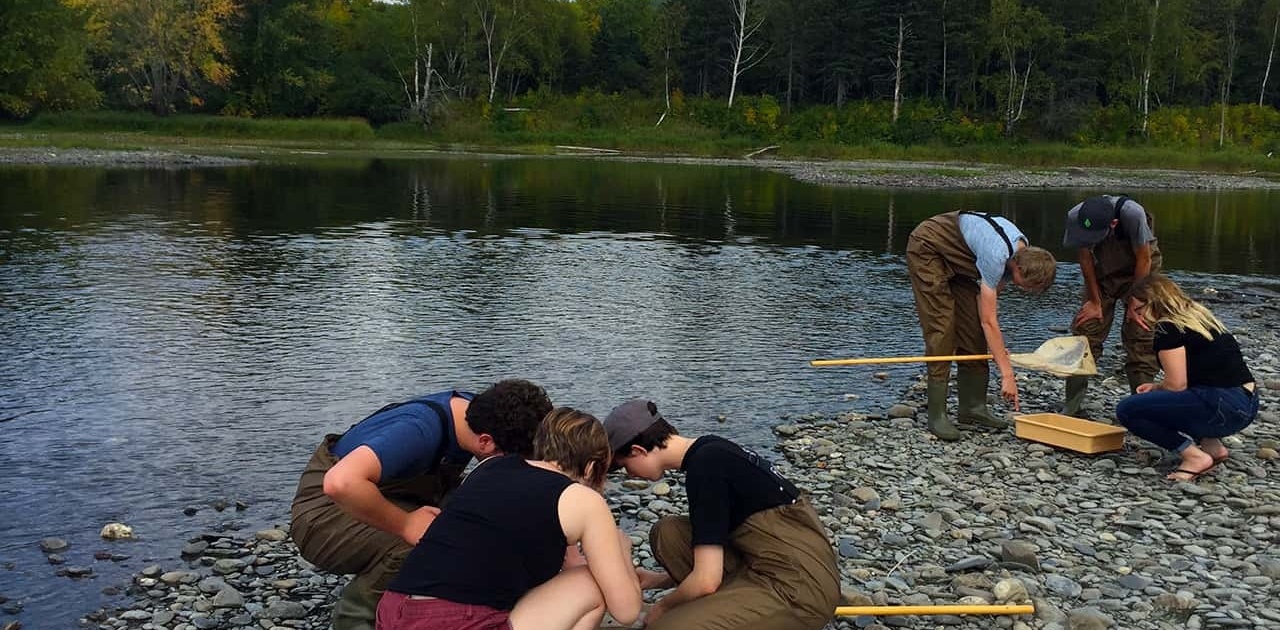 a group of students inspect specimens along the beach of Fish River