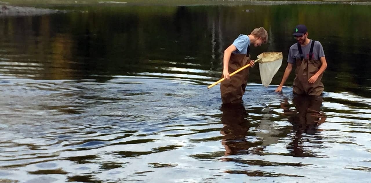 two students inspect a net while investigating insect life along the Fish River