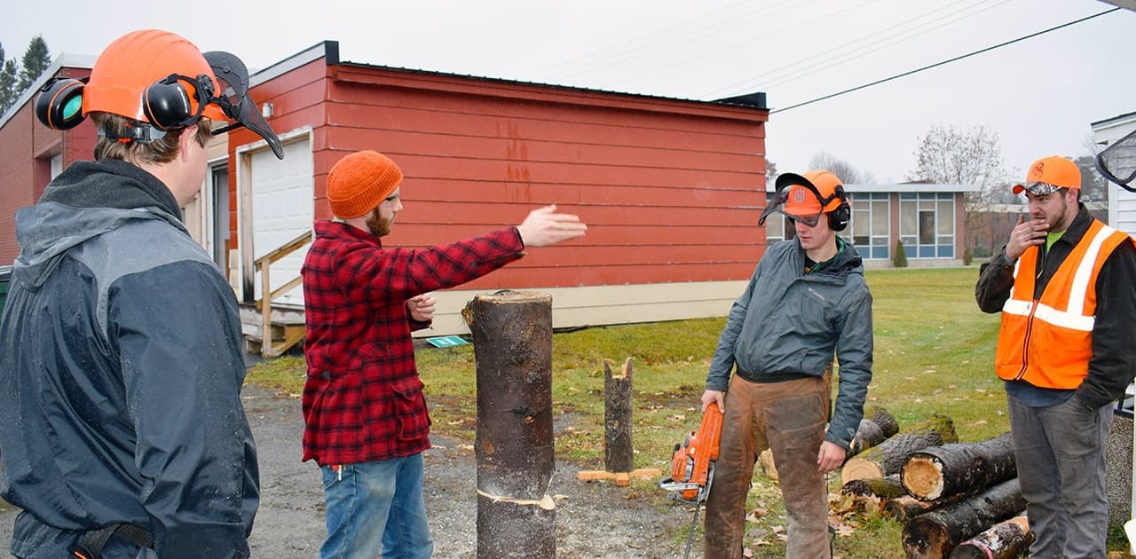 students outdoors observing a demonstration by their professor