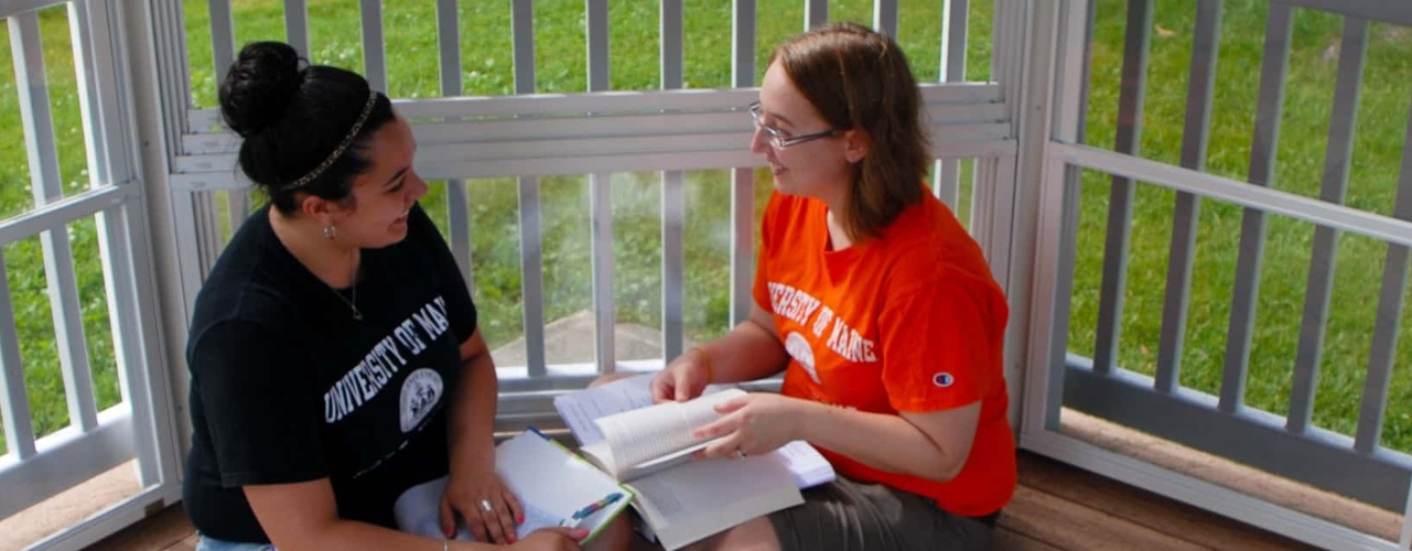 Students studying in a gazebo